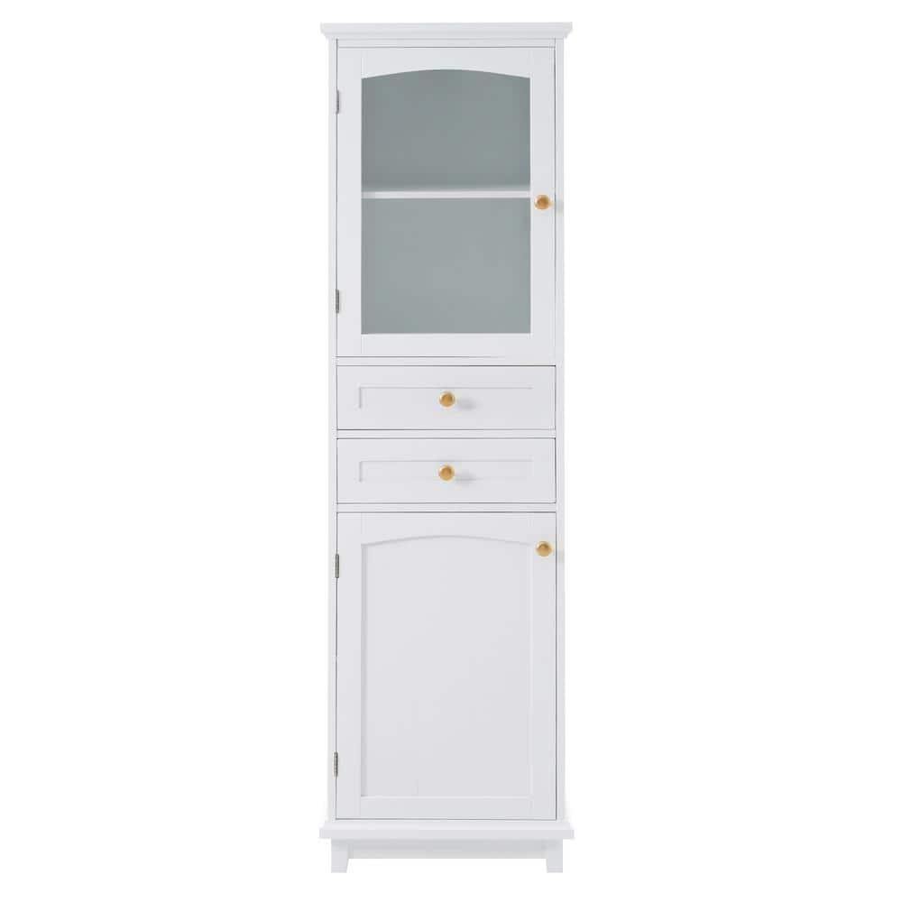 17.76 in. W x 14.21 in. D x 62.99 in. H White Wood Linen Cabinet with Glass