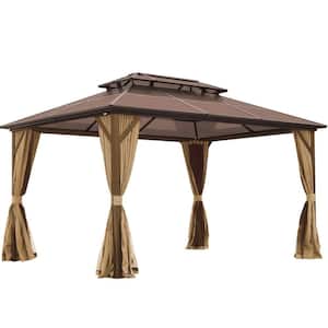 10 ft. x 13 ft. Aluminum Outdoor Polycarbonate Double Roof Gazebo with Ceiling Hook, Mosquito Netting and Curtains,Brown