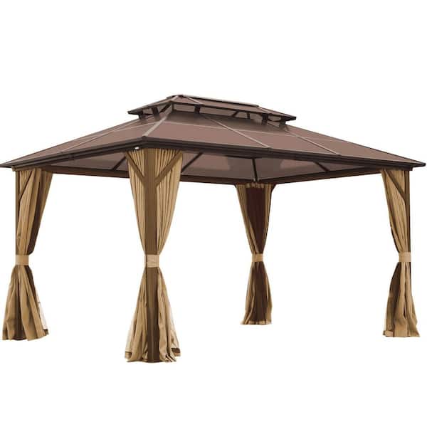 ToolCat 10 ft. x 13 ft. Aluminum Outdoor Polycarbonate Double Roof Gazebo with Ceiling Hook, Mosquito Netting and Curtains,Brown