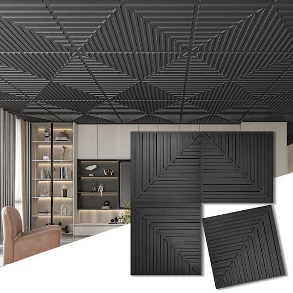 Black 2ft. x 4ft. Textured PVC Drop In Ceiling Tile, Decorative Glue Up Ceiling for Interior Wall Decor(48sq.ft./case)