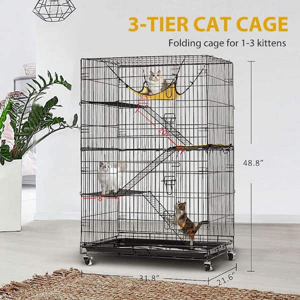 Ferret Animal Cage Playpen Includes Adjustable Perching Shelves & Shelf-Attaching Cat Bed & Wheel Casters Cat Playpen Portable Large House Shelter Fold Cat Cage Black 