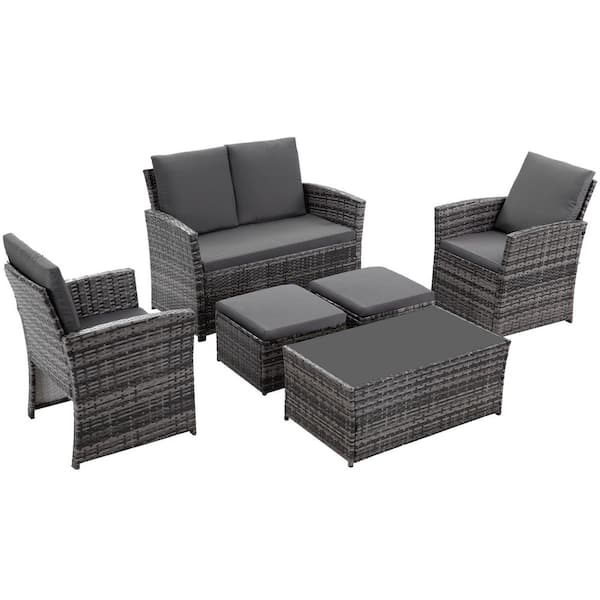 Unbranded 6-Piece Gray Resin Wicker 4 Person Seat Patio Conversation Set w/Coffee Table, Ottoman and Dark Gray Cushions