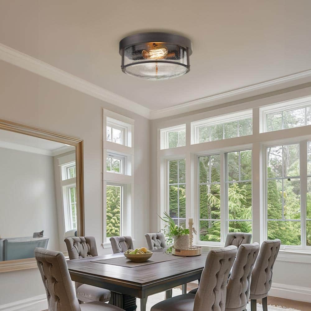 Farmhouse Oil Rubbed Bronze Glass Drum Ceiling Light