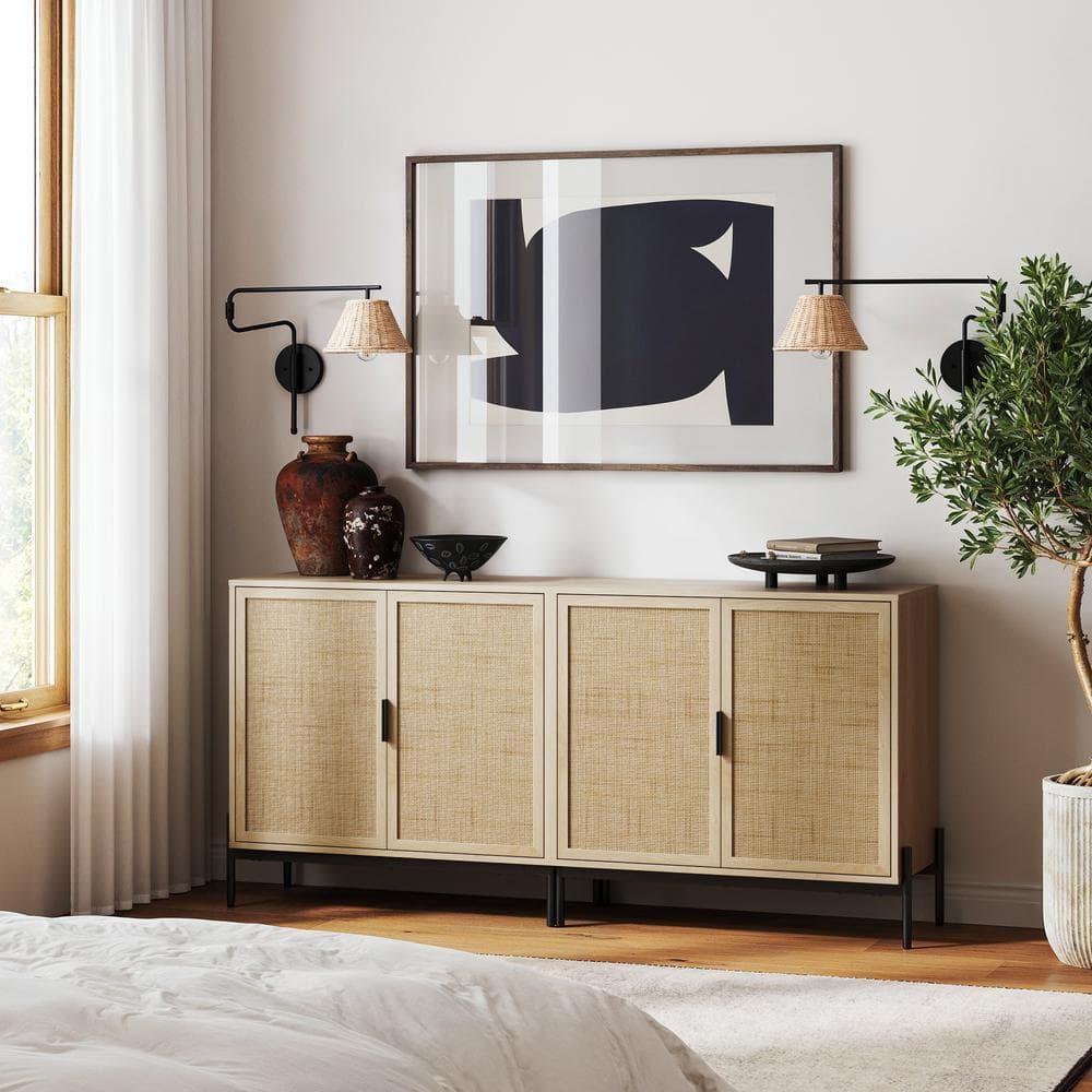 Light Oak and Rattan Storage Cabinet with Metal Legs