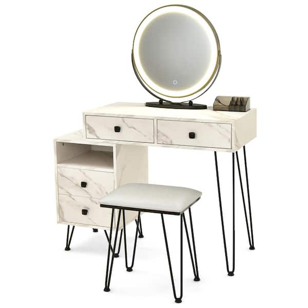 Costway Vanity Table Stool Set Dimmer LED Mirror Large Storage Cabinet Drawer White
