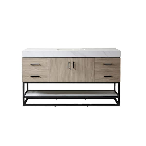 ROSWELL Toledo 60 in. W x 22 in. D x 34 in. H Bath Vanity in Light Walnut with White Composite Stone Top