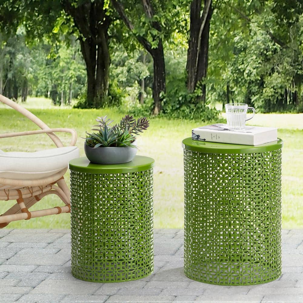 Green Metal Garden Stool Set with Cut-Out Design, 2-Piece