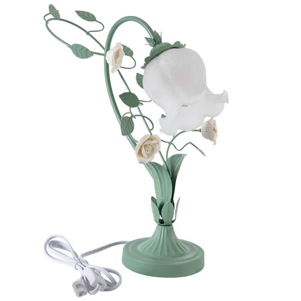 OUKANING 16.92 in. Green Retro Rose Glass Task and Reading Desk Lamp with White Flower Glass Shade, No Bulbs Included
