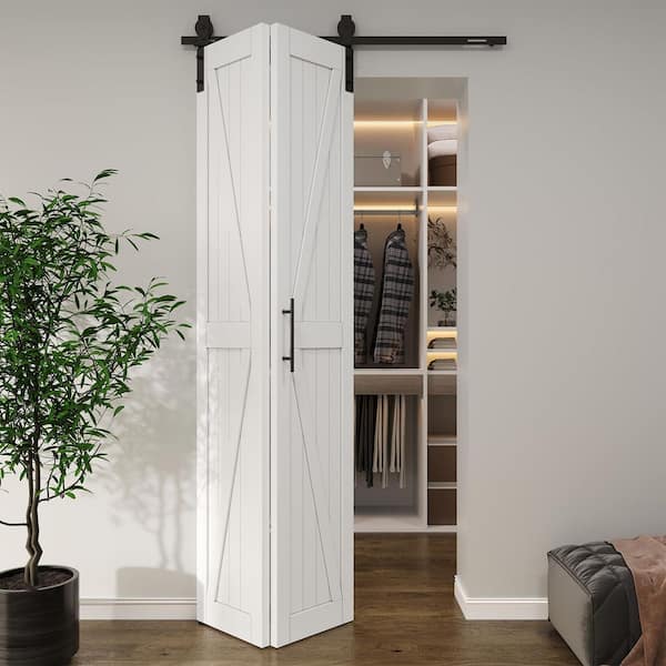 30 in. x 84 in. Solid Core White Finished Pine Wood Bi-fold Door with Hardware Track Kit
