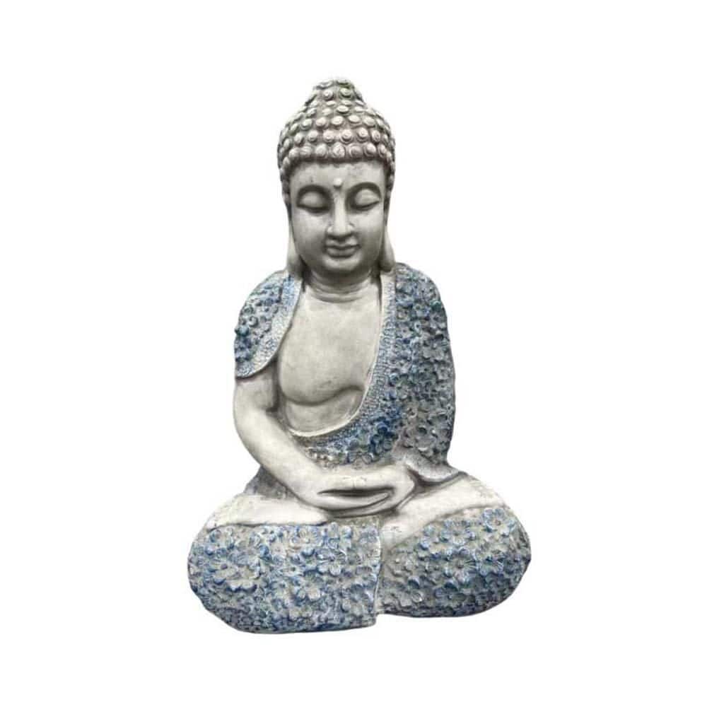 Gray 11 in. x 16.14 in. Resin Buddha Garden Statue, Blue Floral Accent Meditating Buddha Figurine, Outdoor Decor