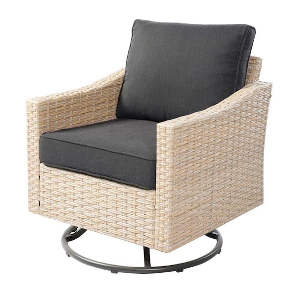 weaxty W Camellia F 7-Piece Wicker Patio Storage Fire Pit Conversation Set with Swivel Rocking Chairs and Black Cushions