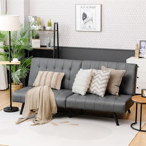 70 in. Width 4 Seats Gray Solid Cotton Twin Size Sofa Bed PU Leather Convertible Folding Couch Sleeper LoungeLounge