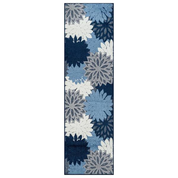 Floral Design Indoor/Outdoor High-Low Textured Runner Rug, Floral, Easy-Clean Patio Rug 2' x 7' Navy