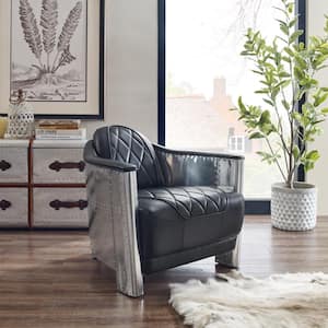 Top Leather Black Mid Century Modern Genuine Leather Accent Arm Chair with Vintage Aluminum Exterior Accented and Rivets