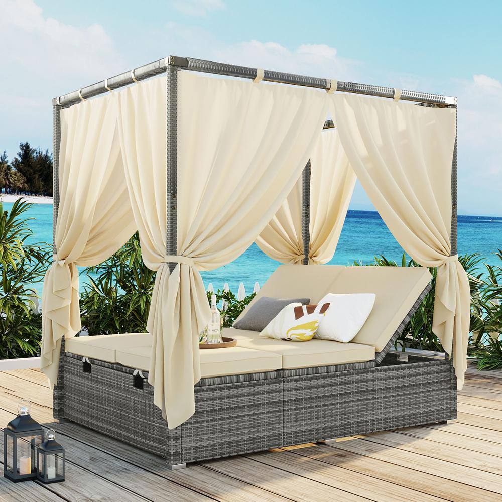 Zeus & Ruta Gray Wicker Outdoor Day Bed with Beige Cushions and Curtain ...