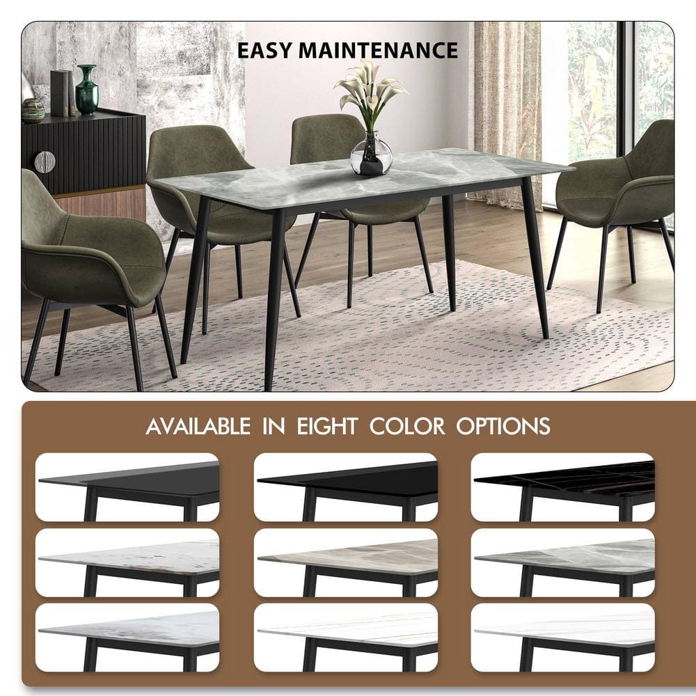 Light Grey Glass Rectangular Dining Table with Black Steel Legs