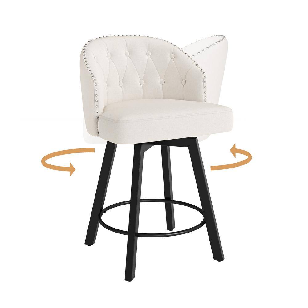 Beige Linen Upholstered Swivel Counter Stools with Metal Frame, Set of 2