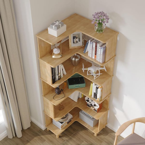 71.3 in. Tall Beige Solid Wood 5-Shelf Corner Bookcase with Interior Shelves, Storage, L-Shape