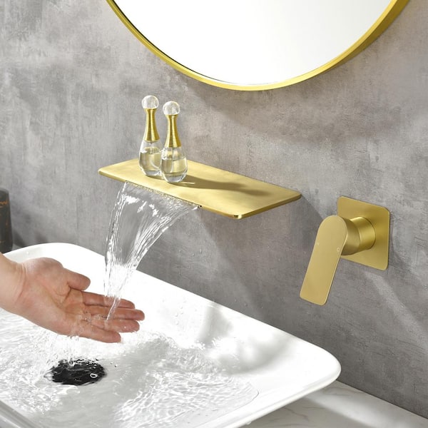 Amo Single-Handle Rectangular Waterfall Spout Wall Mounted Bathroom Faucet in Brushed Gold