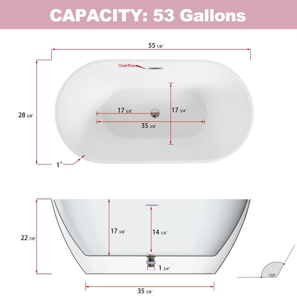 55'' Gloss White Acrylic Freestanding Soaking Bathtub