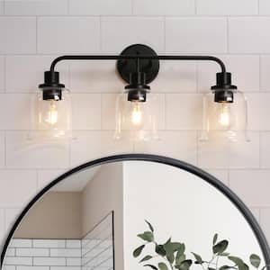 Modern 22.8 in. 3-Light Black Bathroom Vanity Light with Bell Clear Glass Shades Contemporary Wall Sconce Over Mirrors