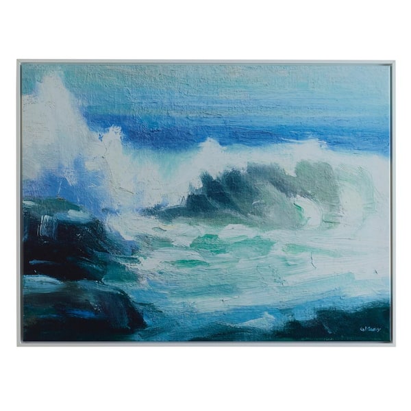 Benjara Green, Blue and White Wooden Framed Crashing Waves Handcrafted Canvas Wall Art