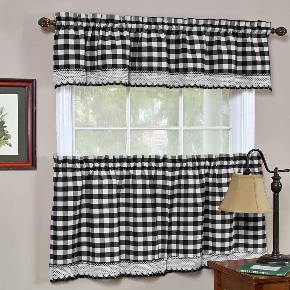 Black and White Gingham Scallop Tier Curtains 36" x 58"