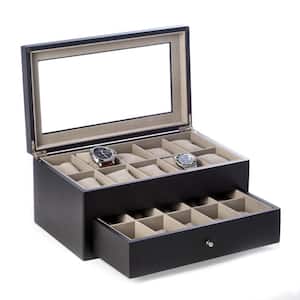 Matte Black Wood 20-Watch Box with Glass Top and Drawer, Velour Lining and Pillows