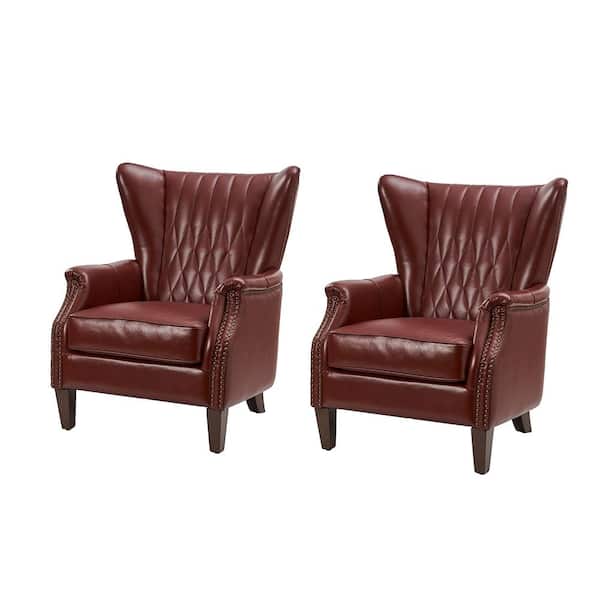 JAYDEN CREATION Valerius Burgundy Genuine Leather Armchair with Nail head Trims and Solid Wood Legs Set of 2