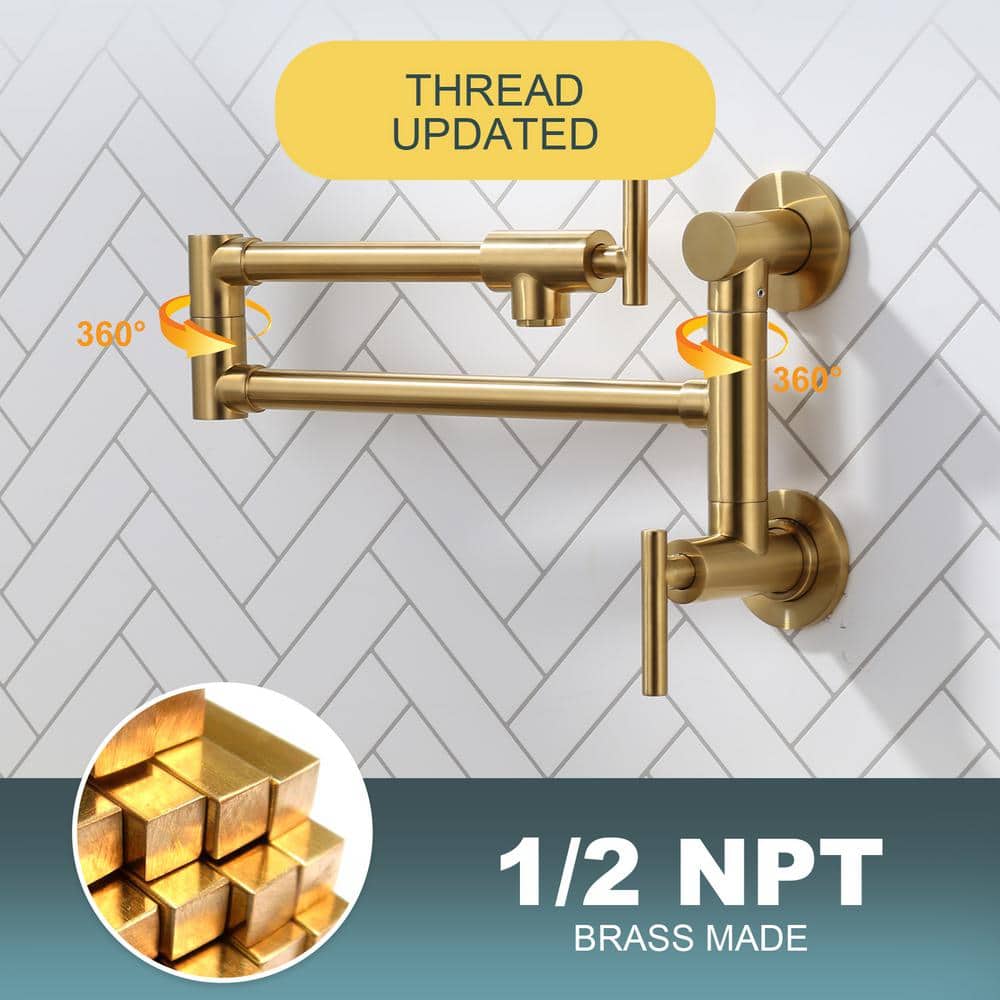 Brushed Gold Brass Wall Mounted Double Handle Pot Filler Faucet