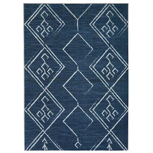 Aspen Navy Creme 8 ft. x 10 ft. Machine Washable Tribal Moroccan Bohemian Polyester Non-Slip Backing Area Rug
