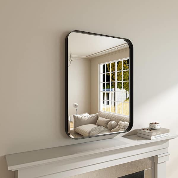 ORGANNICE 32 in. W x 24 in. H Rectangular Aluminum Framed Modern Black Rounded Wall Mirror