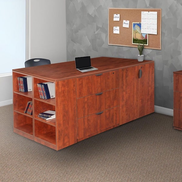 Legacy 85 in. Cherry Stand Up 2 Storage Cabinet/ Lateral File/ Desk Quad with Bookcase End