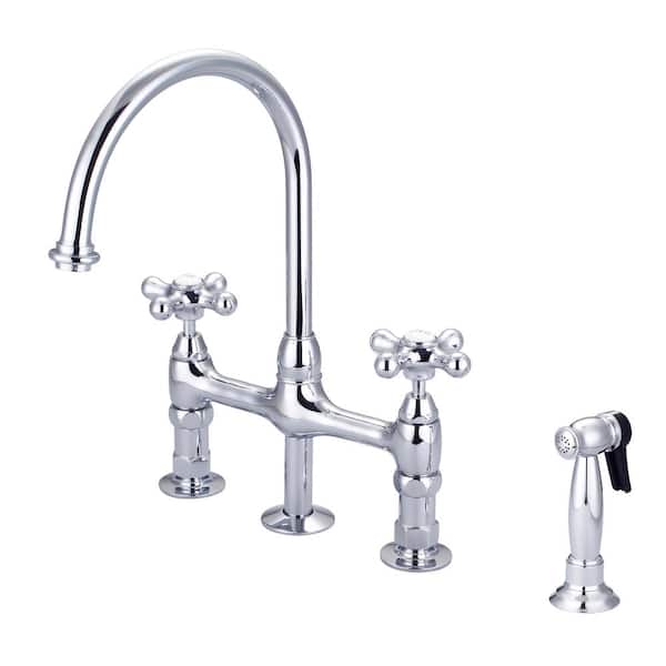 Harding Two Handle Bridge Kitchen Faucet with Sidespray and Button Cross  Handles in Polished Chrome
