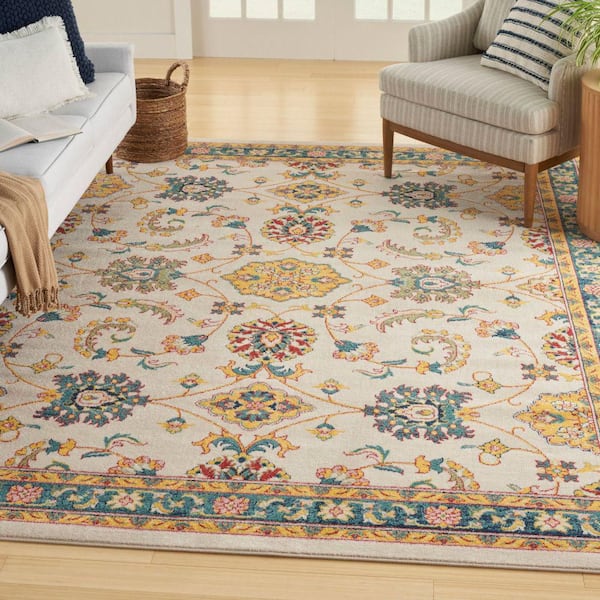 Essentials Ivory Gold 8 ft. x 10 ft. Center medallion Traditional Area Rug