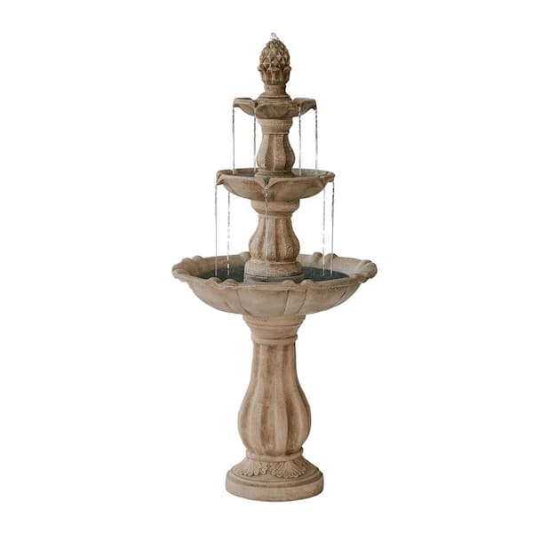3-Tier Water Fountain w/Pump and Pineapple Top, 51 in. Tall, Beige, Large Outdoor Freestanding Waterfall Decor for Porch