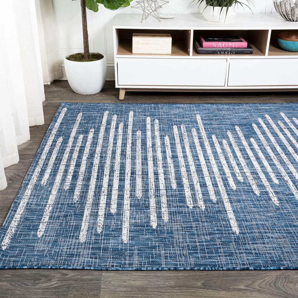 Bohemian Stripe Blue and Ivory Synthetic Area Rug 5' x 8'