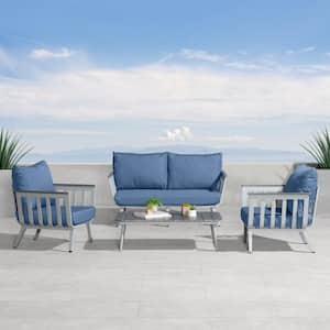 Vera 4-Piece Aluminum Patio Conversation Seating Set with Sunbrella Newport Blue Cushions