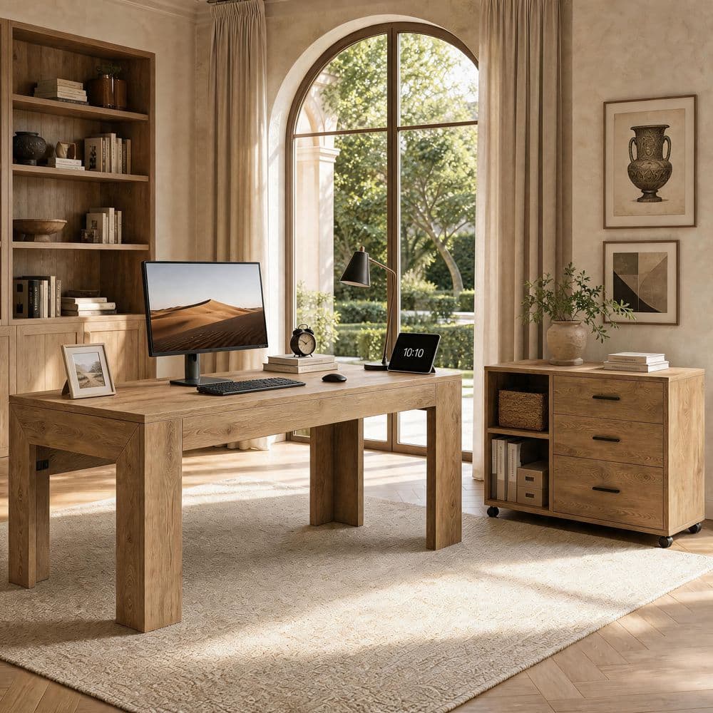 Lanita 63 in. L-Shaped Light Brown Wood 3-Drawer Executive Desk with Rolling File Cabinet Combo for Home Office