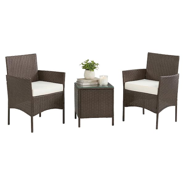 3-Piece Outdoor Plastic Rattan Seating Set with 2-Cushioned Chairs and Table, Brown