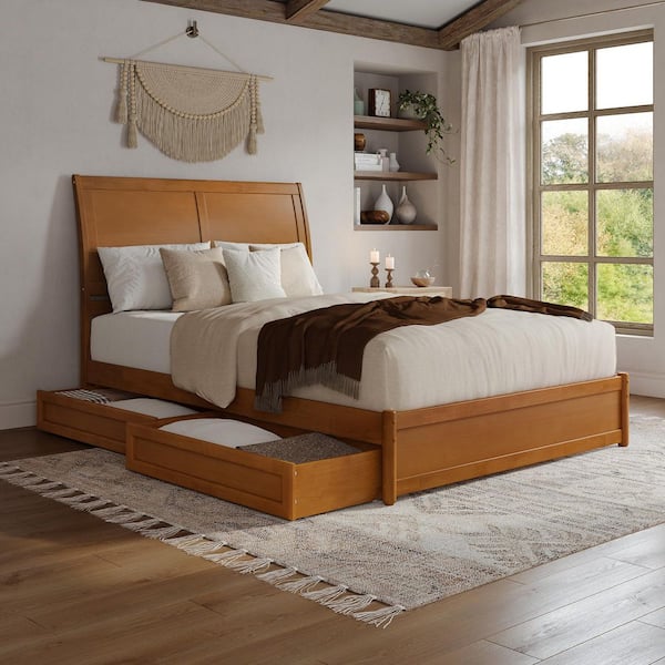 AFI Andorra Light Toffee Natural Bronze Solid Wood Frame Queen Platform Bed with Panel Footboard and Storage-Drawers