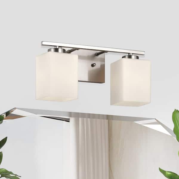 2-Light 14 in. Brushed Nickel Indoor Bathroom Vanity Lights with Etched White Glass Square Rectangle Shades
