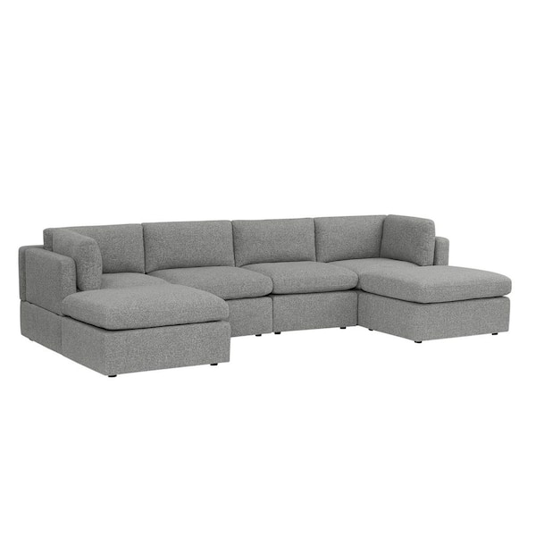 Thornton 136 in. Modular Track Arm Performance Fabric 6-Piece U-Shaped Sectional Sofa in Grey
