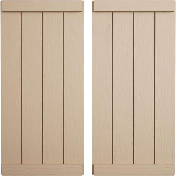 22 in. x 72 in. Timberthane Polyurethane 4-Board Joined Board-n-Batten Rough Sawn Faux Wood Shutters, End Batten Pair