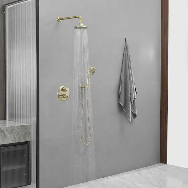 Single Handle 2-Spray Shower Faucet Set 1.8 GPM with Valve Dual Function Shower Head with High Pressure in. Brushed Gold
