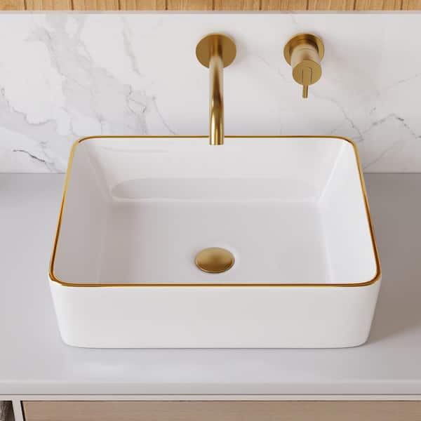 19 in. L x 15 in. W Rectangular Bathroom Ceramic Vessel Sink Art Basin with Gold Trim in White