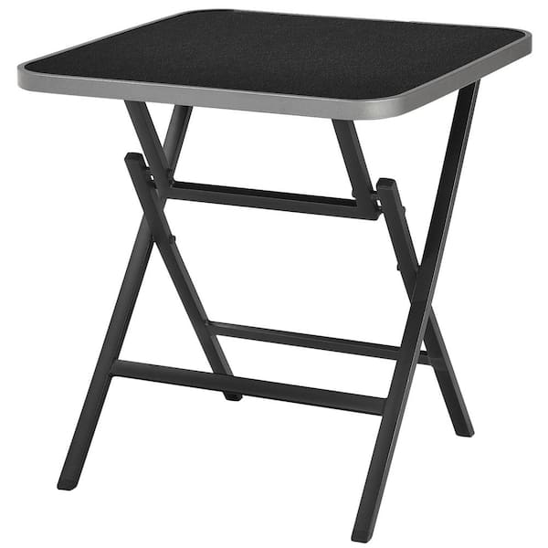 WELLFOR 27.5 in. Black Folding Outdoor Bistro Table with Aluminum Frame and Tempered Glass Top