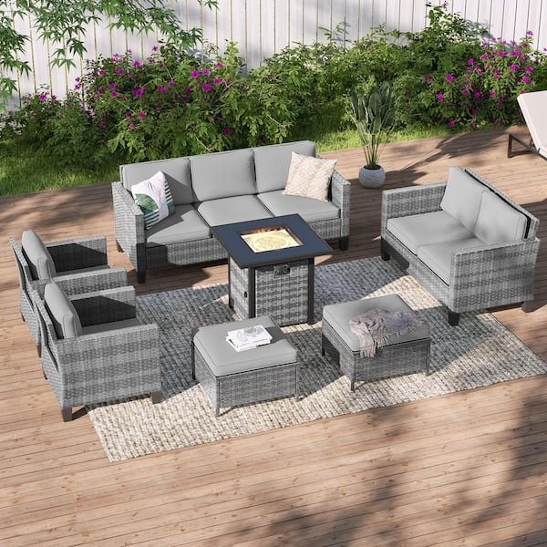 Sonkuki 7-Pieces Patio Conversation Set with Square Fire Pit Table and Loveseat Sofa, Gray Wicker with Gray Cushions