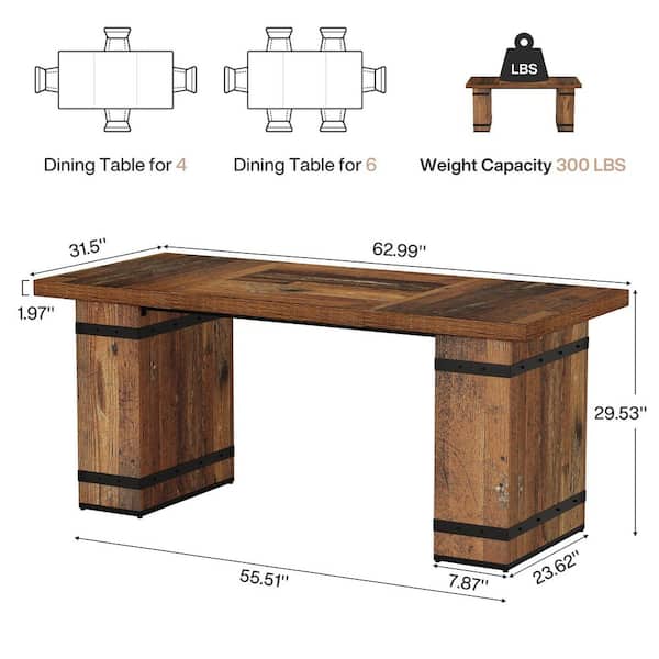 Moronia Farmhouse Brown Wood 63 in. Double Pedestal Dining Table Seats 6