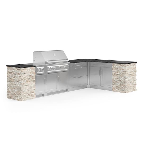 NewAge Products Signature Series Stainless Steel 11-Piece L Shape Outdoor Kitchen Cabinet Set with Natural Gas Platinum 40 in. Grill
